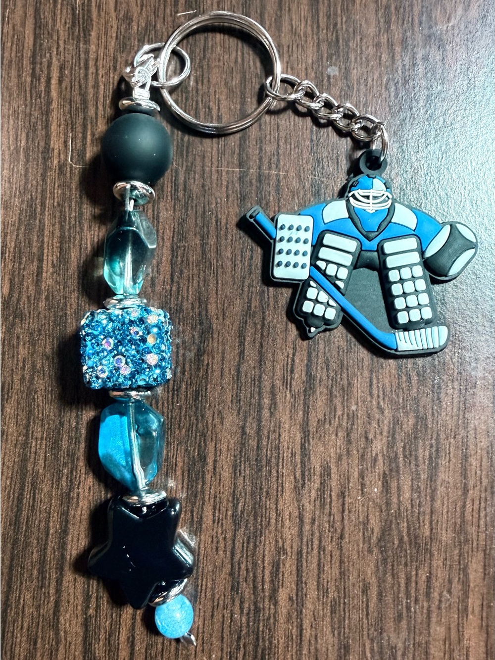 Blue Hockey Goalie Keychain with Beaded Charm